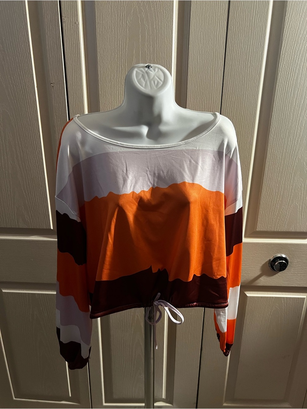 Casual Colorblock Drawstring Hem Long Sleeve Top - Orange/White/Brown